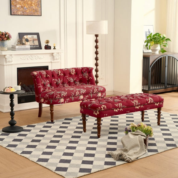 English Elm Sofa Chair Tufted Floral Accent Seat with Turned Wood Legs Victorian Bedroom W3373S00110