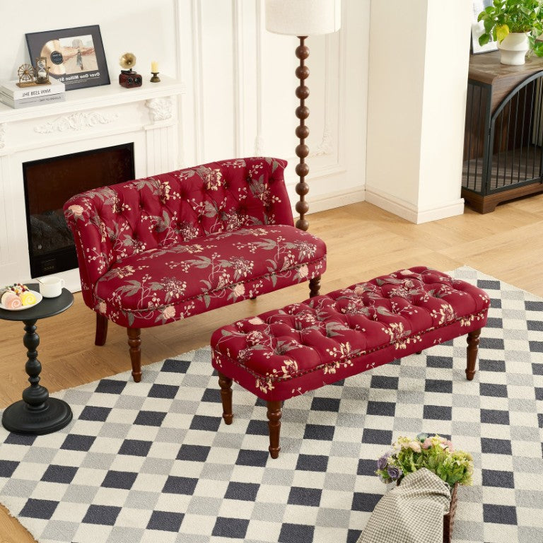 English Elm Sofa Chair Tufted Floral Accent Seat with Turned Wood Legs Victorian Bedroom W3373S00110