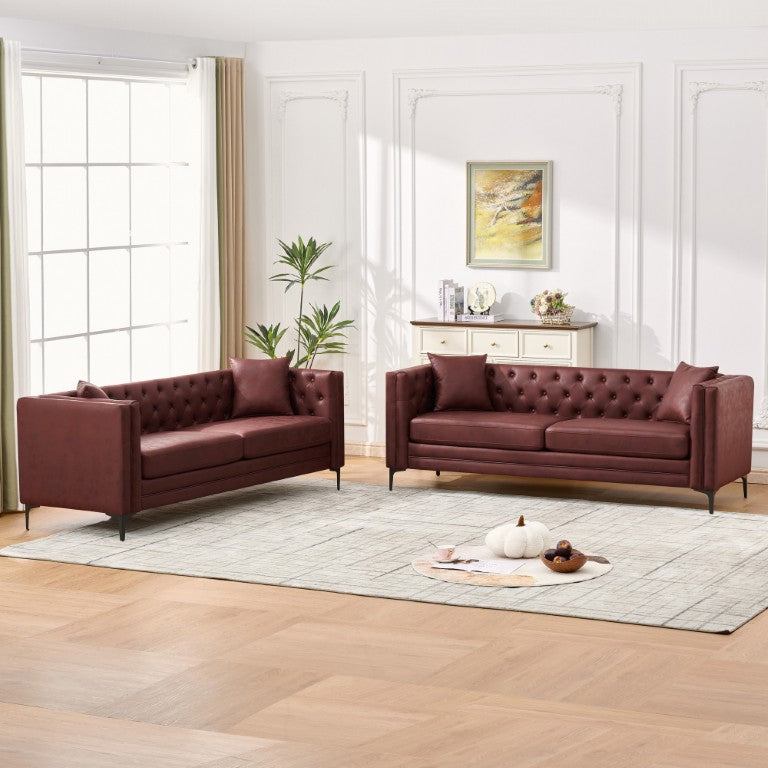 English Elm 83 Inch Mid-Century Sofa with Diamond Tufted Back Tech Fabric and Sleek Metal Legs Wine Red W3373S00114