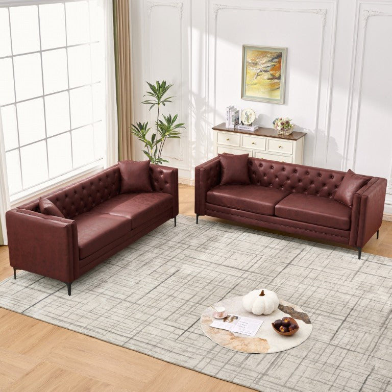 English Elm 83 Inch Mid-Century Sofa with Diamond Tufted Back Tech Fabric and Sleek Metal Legs Wine Red W3373S00114