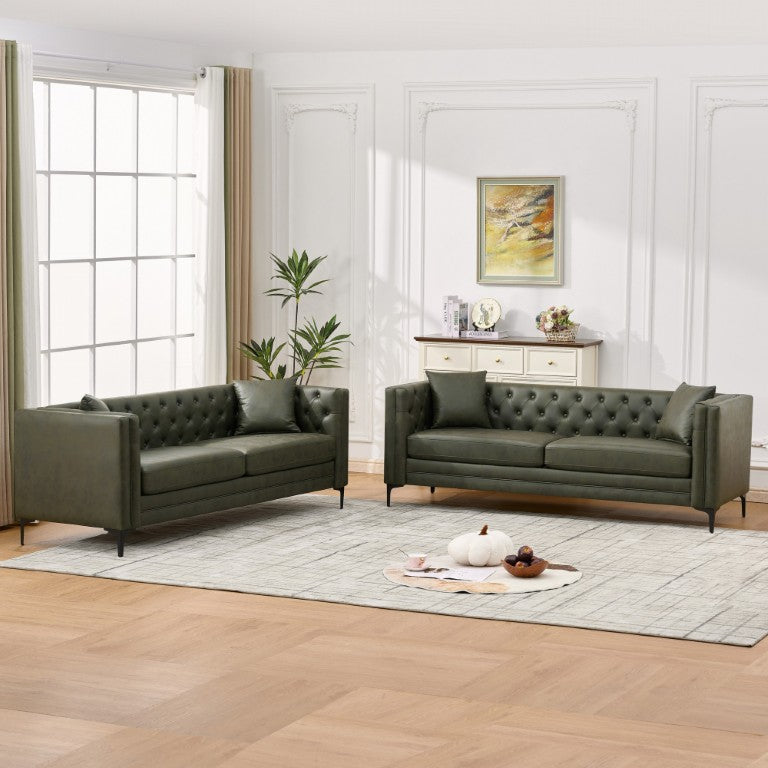 English Elm 3 Seater Mid-Century Sofa Tufted Tech Fabric Upholstery with Sleek Metal Legs for Living Room Green W3373S00115