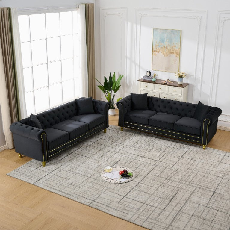 English Elm 3 Seater Velvet Chesterfield Sofa Pair Tufted Diamond Button Design Gold Legs W3373S00119