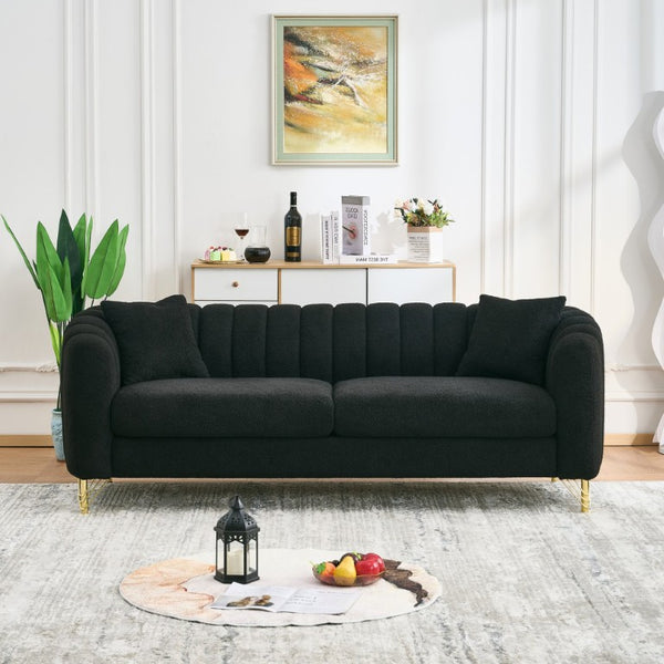 English Elm 83 Inch Plush Teddy Fabric Sofa with Gold Legs Tufted Three Seater for Modern Living W3373S00124