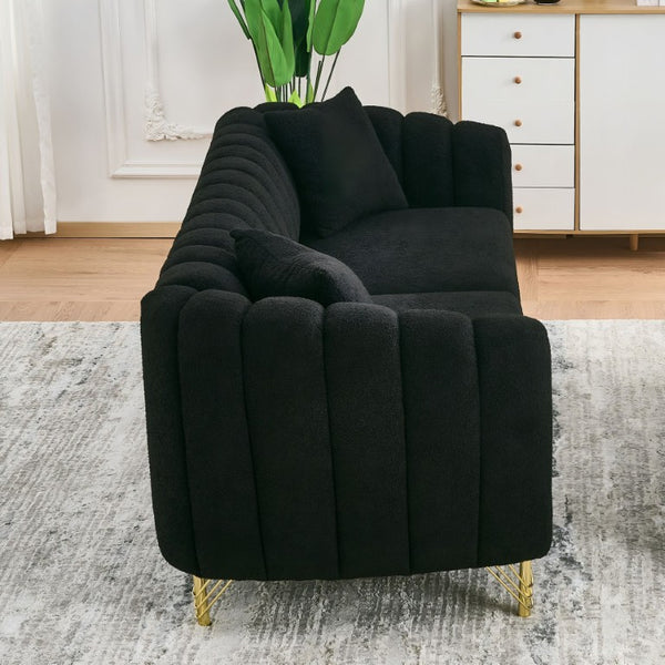 English Elm 83 Inch Plush Teddy Fabric Sofa with Gold Legs Tufted Three Seater for Modern Living W3373S00124