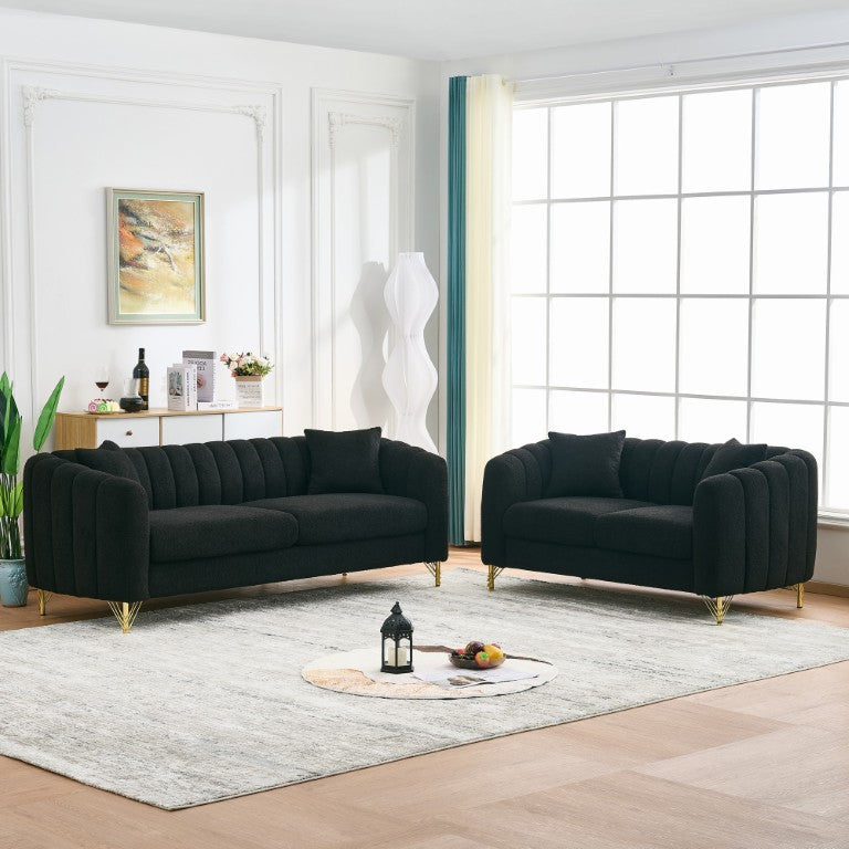 English Elm Oversized Teddy Fabric Sofa Tufted Cushions Gold Legs Deep Seat Living Room Couch 3+2 Seater W3373S00127
