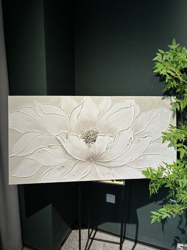 English Elm 24X48 Lotus Bloom Impasto Canvas Hand Painted Floral Art with Gold Foil Stone Accents W3374P517945