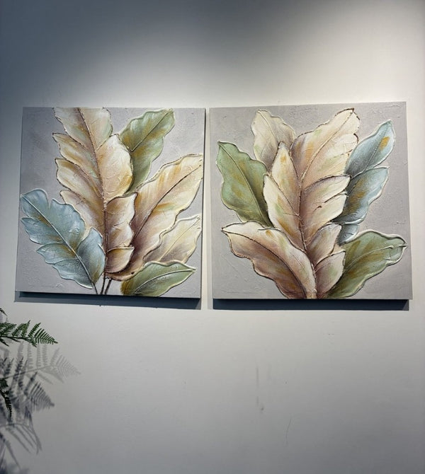 English Elm 24X24 Set of 2 Impasto Leaf Canvas Wall Art with Gold Foil Botanical Sculptural Panels W3374P517950