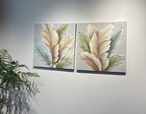 English Elm 24X24 Set of 2 Impasto Leaf Canvas Wall Art with Gold Foil Botanical Sculptural Panels W3374P517950