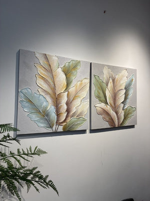 English Elm 24X24 Set of 2 Impasto Leaf Canvas Wall Art with Gold Foil Botanical Sculptural Panels W3374P517950