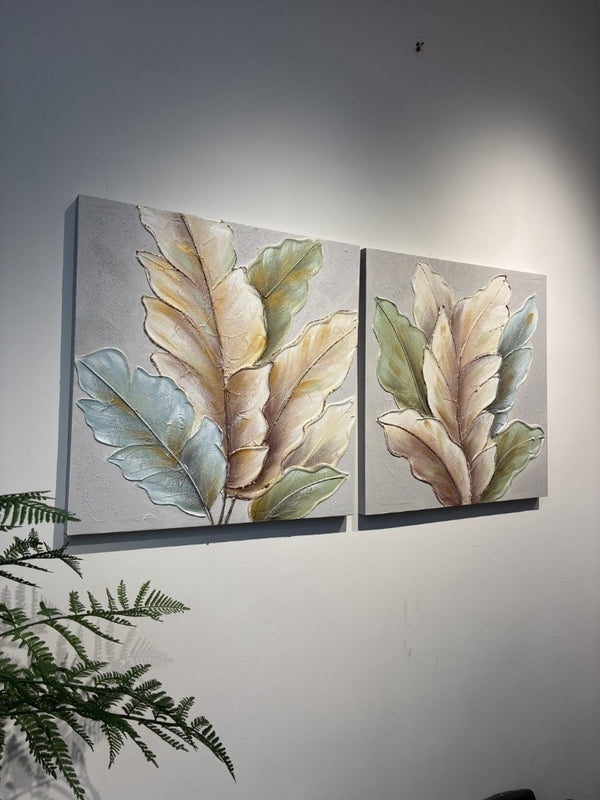 English Elm 24X24 Set of 2 Impasto Leaf Canvas Wall Art with Gold Foil Botanical Sculptural Panels W3374P517950