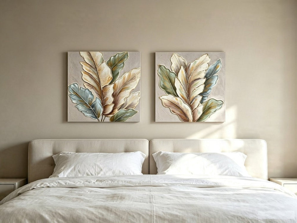 English Elm 24X24 Set of 2 Impasto Leaf Canvas Wall Art with Gold Foil Botanical Sculptural Panels W3374P517950