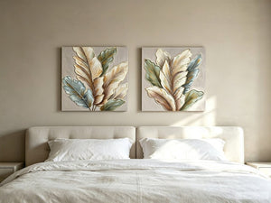 English Elm 24X24 Set of 2 Impasto Leaf Canvas Wall Art with Gold Foil Botanical Sculptural Panels W3374P517950