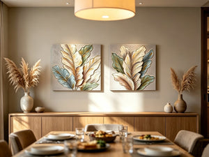 English Elm 24X24 Set of 2 Impasto Leaf Canvas Wall Art with Gold Foil Botanical Sculptural Panels W3374P517950