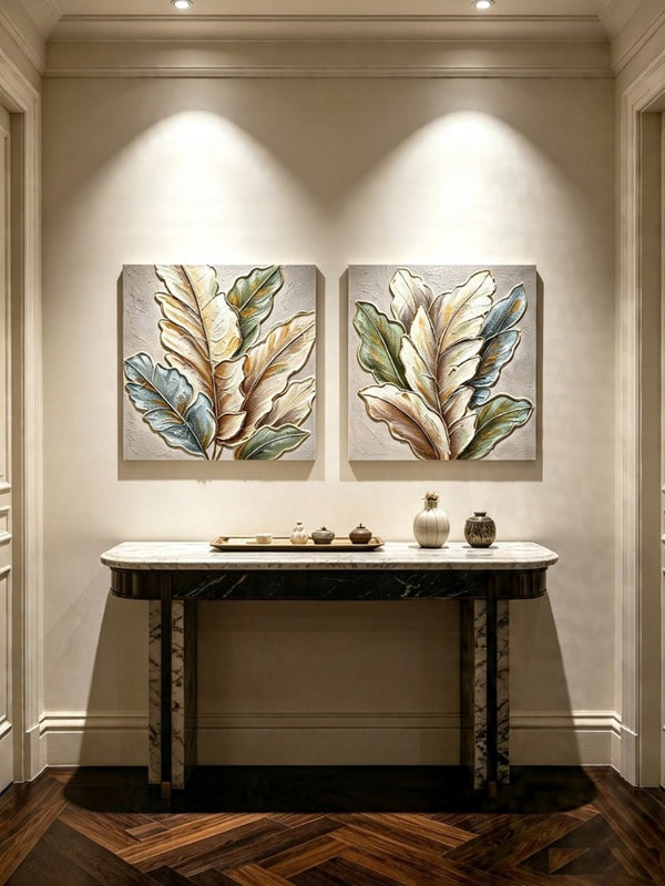 English Elm 24X24 Set of 2 Impasto Leaf Canvas Wall Art with Gold Foil Botanical Sculptural Panels W3374P517950