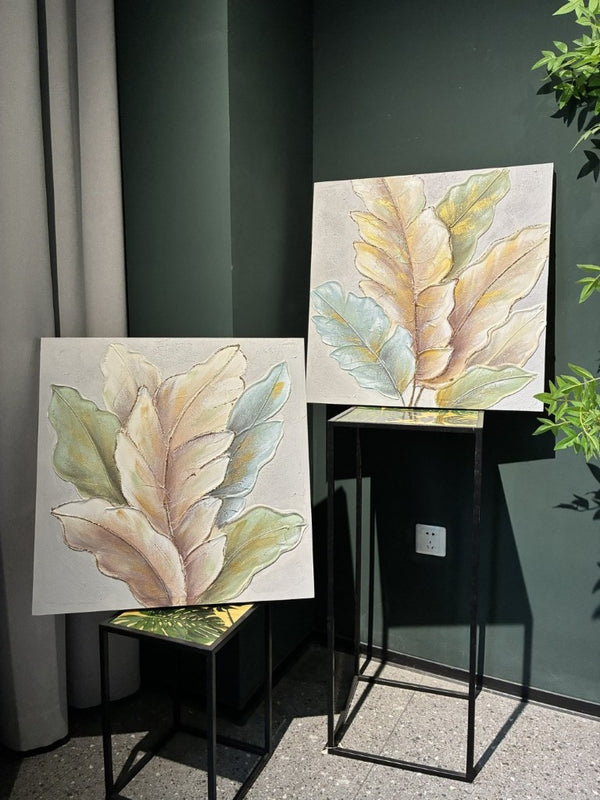 English Elm 24X24 Set of 2 Impasto Leaf Canvas Wall Art with Gold Foil Botanical Sculptural Panels W3374P517950