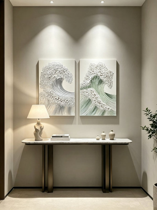 English Elm 24X36 Impasto Ocean Canvas Wall Art Set of 2 Coastal Panels with Gold Fleck Accents W3374P517951