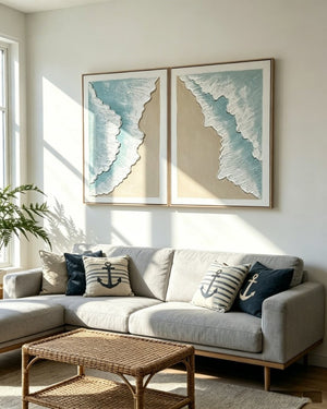 English Elm 24X32 Sculpted Plaster Ocean Wave Canvas Art Set of 2 Coastal Living Room Decor W3374P517952