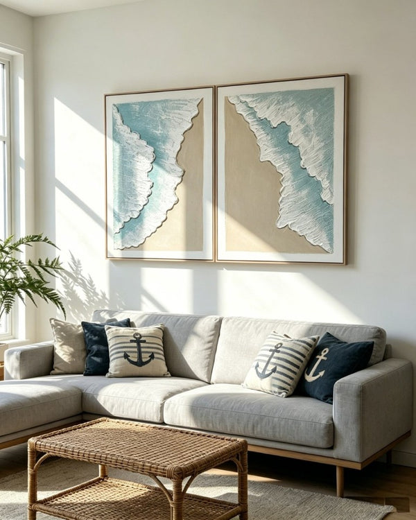 English Elm 24X32 Sculpted Plaster Ocean Wave Canvas Art Set of 2 Coastal Living Room Decor W3374P517952