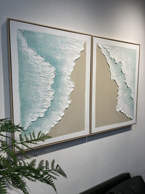 English Elm 24X32 Sculpted Plaster Ocean Wave Canvas Art Set of 2 Coastal Living Room Decor W3374P517952