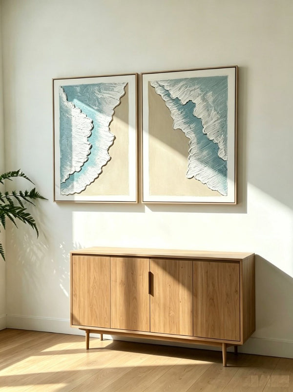 English Elm 24X32 Sculpted Plaster Ocean Wave Canvas Art Set of 2 Coastal Living Room Decor W3374P517952