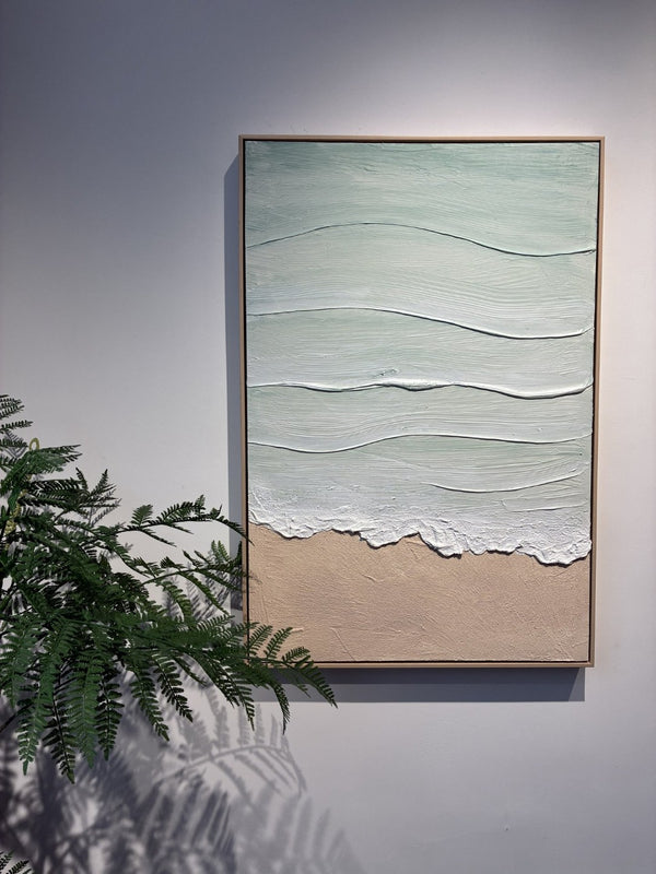 English Elm 24x36 Framed Impasto Leaf Canvas Art Neutral Botanical Wall Decor for Bedroom Living Room Beige+Blue W3374P517959