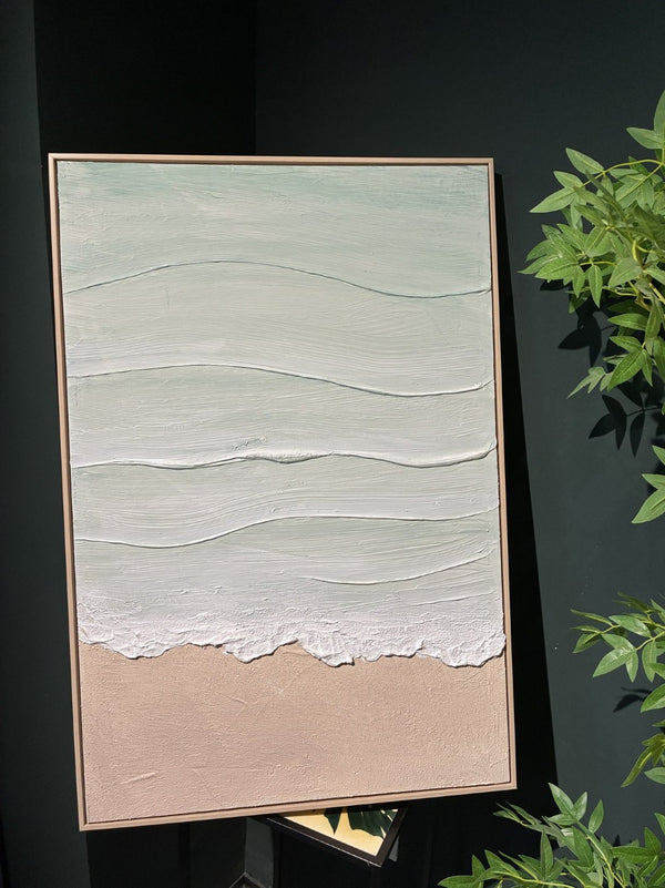 English Elm 24x36 Framed Impasto Leaf Canvas Art Neutral Botanical Wall Decor for Bedroom Living Room Beige+Blue W3374P517959