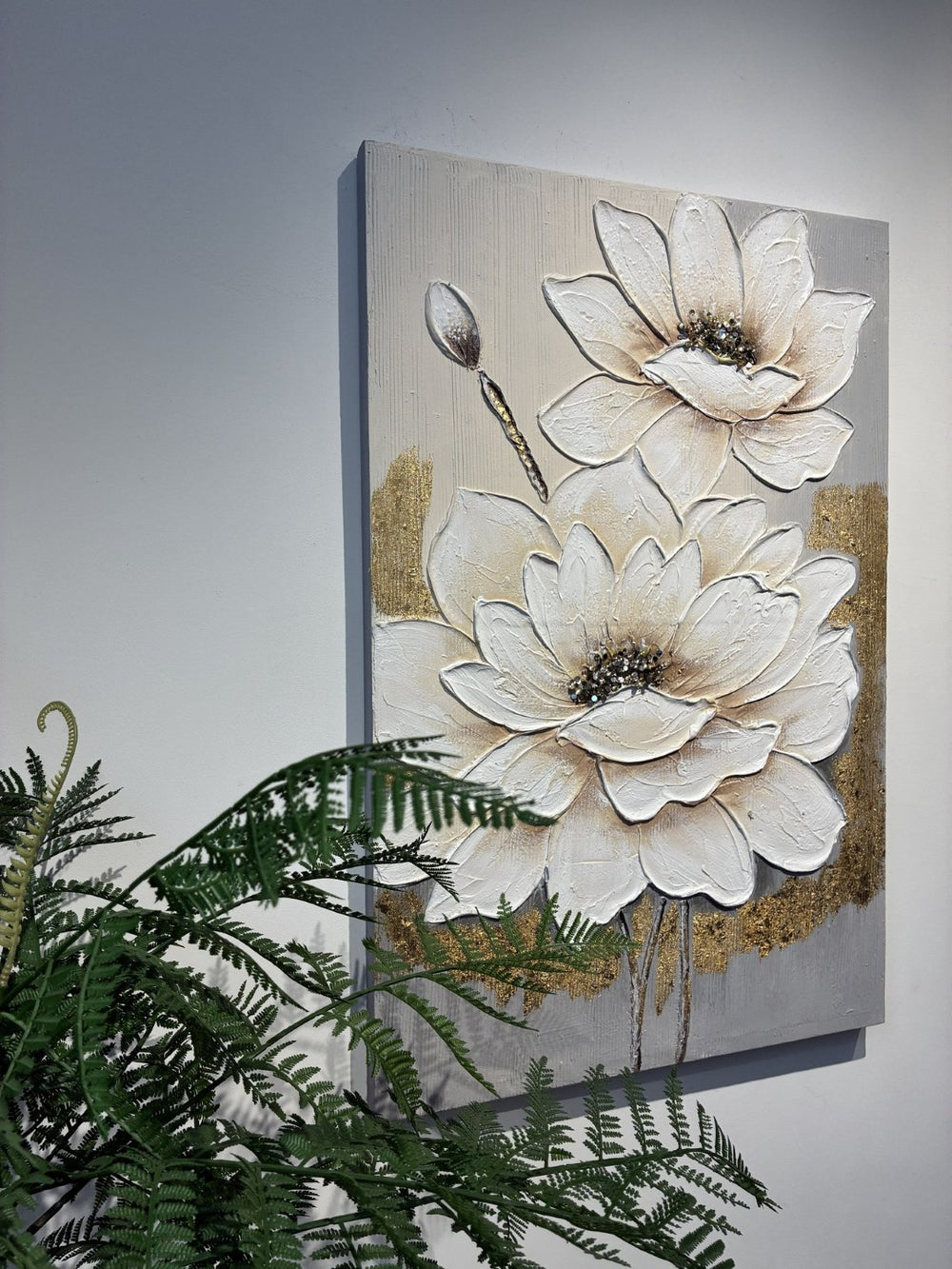 English Elm 24x36 Impasto Lotus Canvas Art Hand Painted Gold Foil Accents Neutral Wall Decor W3374P517960