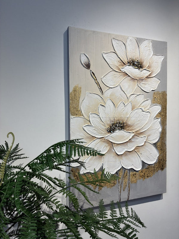 English Elm 24x36 Impasto Lotus Canvas Art Hand Painted Gold Foil Accents Neutral Wall Decor W3374P517960