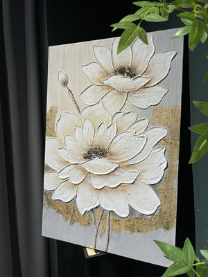 English Elm 24x36 Impasto Lotus Canvas Art Hand Painted Gold Foil Accents Neutral Wall Decor W3374P517960