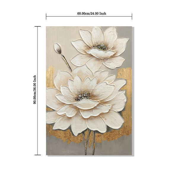 English Elm 24x36 Impasto Lotus Canvas Art Hand Painted Gold Foil Accents Neutral Wall Decor W3374P517960