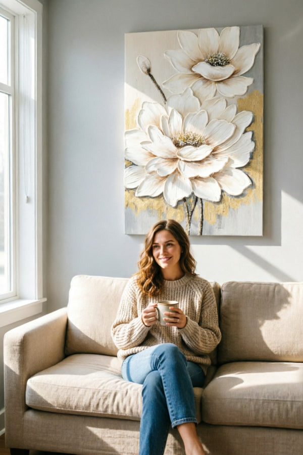 English Elm 24x36 Impasto Lotus Canvas Art Hand Painted Gold Foil Accents Neutral Wall Decor W3374P517960