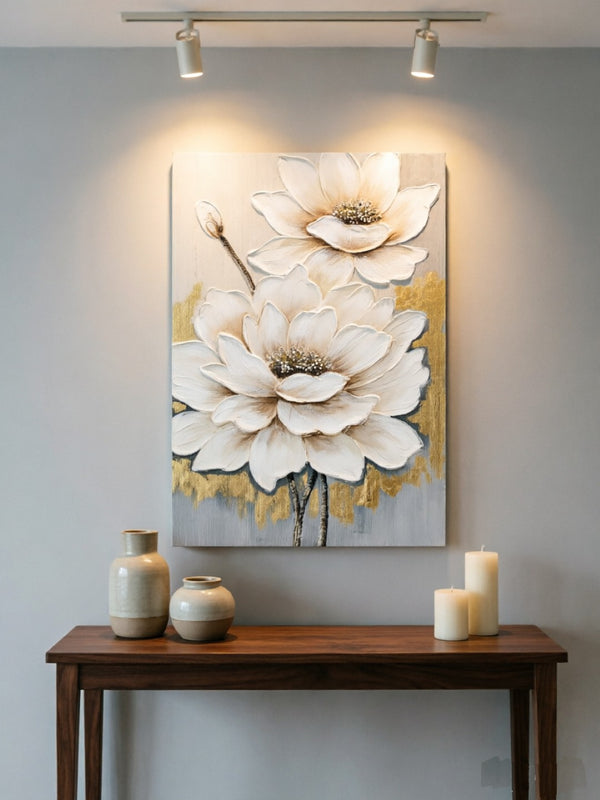 English Elm 24x36 Impasto Lotus Canvas Art Hand Painted Gold Foil Accents Neutral Wall Decor W3374P517960