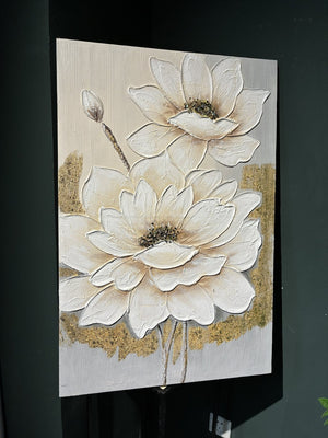 English Elm 24x36 Impasto Lotus Canvas Art Hand Painted Gold Foil Accents Neutral Wall Decor W3374P517960