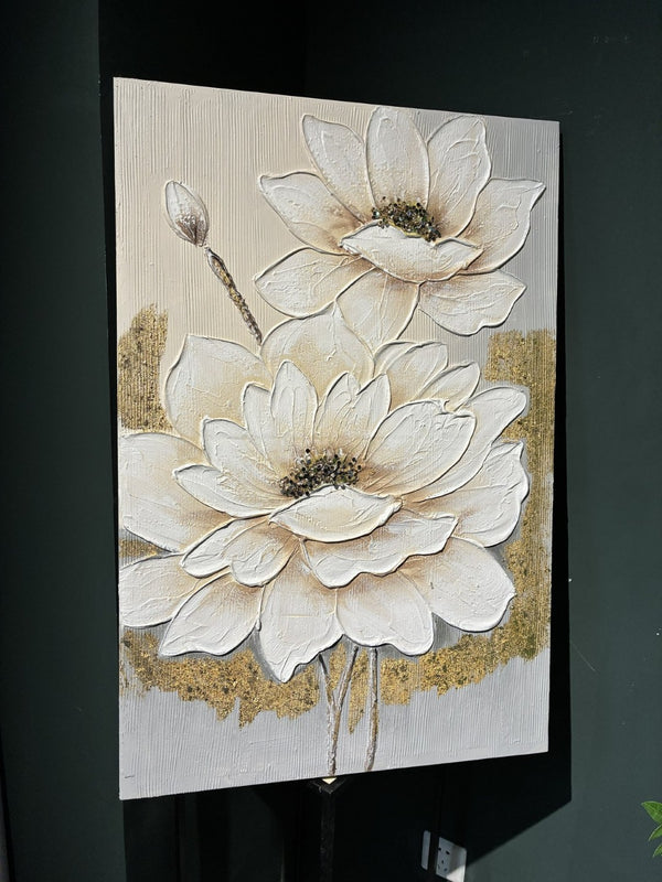 English Elm 24x36 Impasto Lotus Canvas Art Hand Painted Gold Foil Accents Neutral Wall Decor W3374P517960