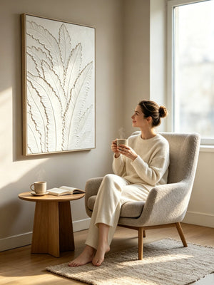 English Elm 24x36 Framed Impasto Leaf Canvas Art Neutral Botanical Wall Decor for Bedroom Living Room White W3374P517963