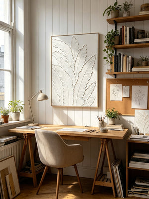 English Elm 24x36 Framed Impasto Leaf Canvas Art Neutral Botanical Wall Decor for Bedroom Living Room White W3374P517963