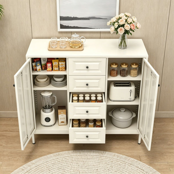 English Elm 40.16'' Steel Sideboard Buffet with 4 Drawers 2 Doors Adjustable Shelves Hallway Storage W3387P487623