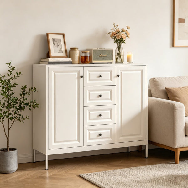 English Elm 40.16'' Steel Sideboard Buffet with 4 Drawers 2 Doors Adjustable Shelves Hallway Storage W3387P487623