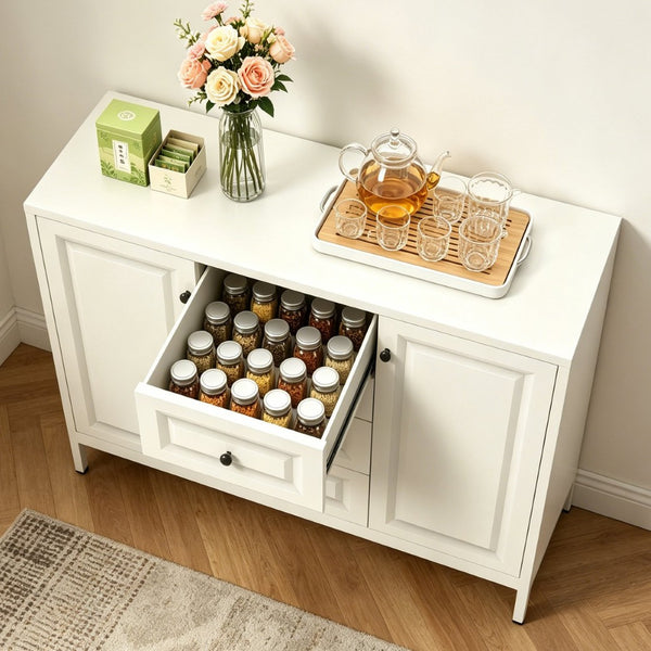 English Elm 40.16'' Steel Sideboard Buffet with 4 Drawers 2 Doors Adjustable Shelves Hallway Storage W3387P487623