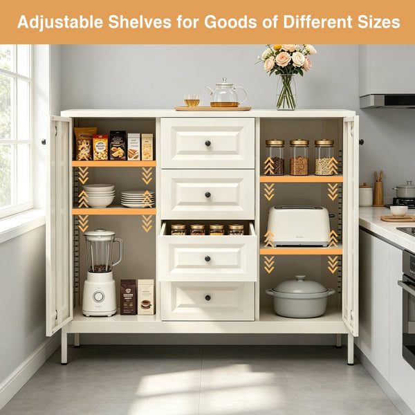 English Elm 40.16'' Steel Sideboard Buffet with 4 Drawers 2 Doors Adjustable Shelves Hallway Storage W3387P487623