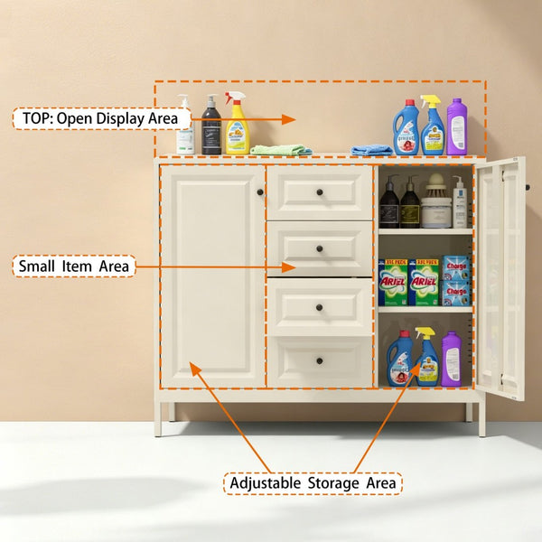 English Elm 40.16'' Steel Sideboard Buffet with 4 Drawers 2 Doors Adjustable Shelves Hallway Storage W3387P487623