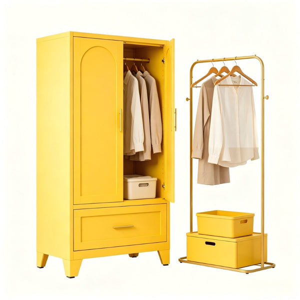 English Elm 60" Tall Steel Wardrobe with Hanging Rod Drawer and Adjustable Shelf for Compact Spaces W3387P540566