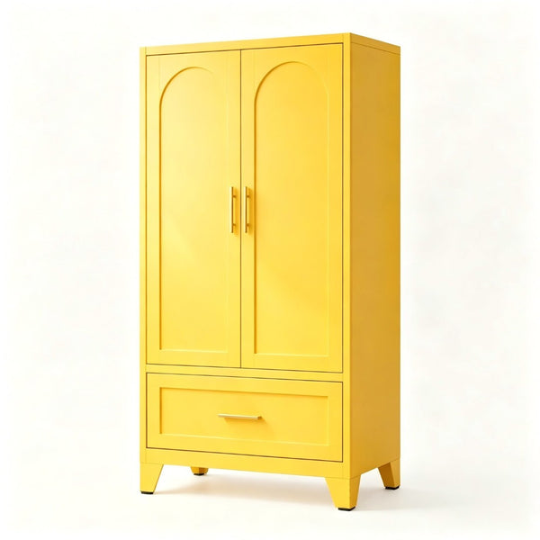 English Elm 60" Tall Steel Wardrobe with Hanging Rod Drawer and Adjustable Shelf for Compact Spaces W3387P540566