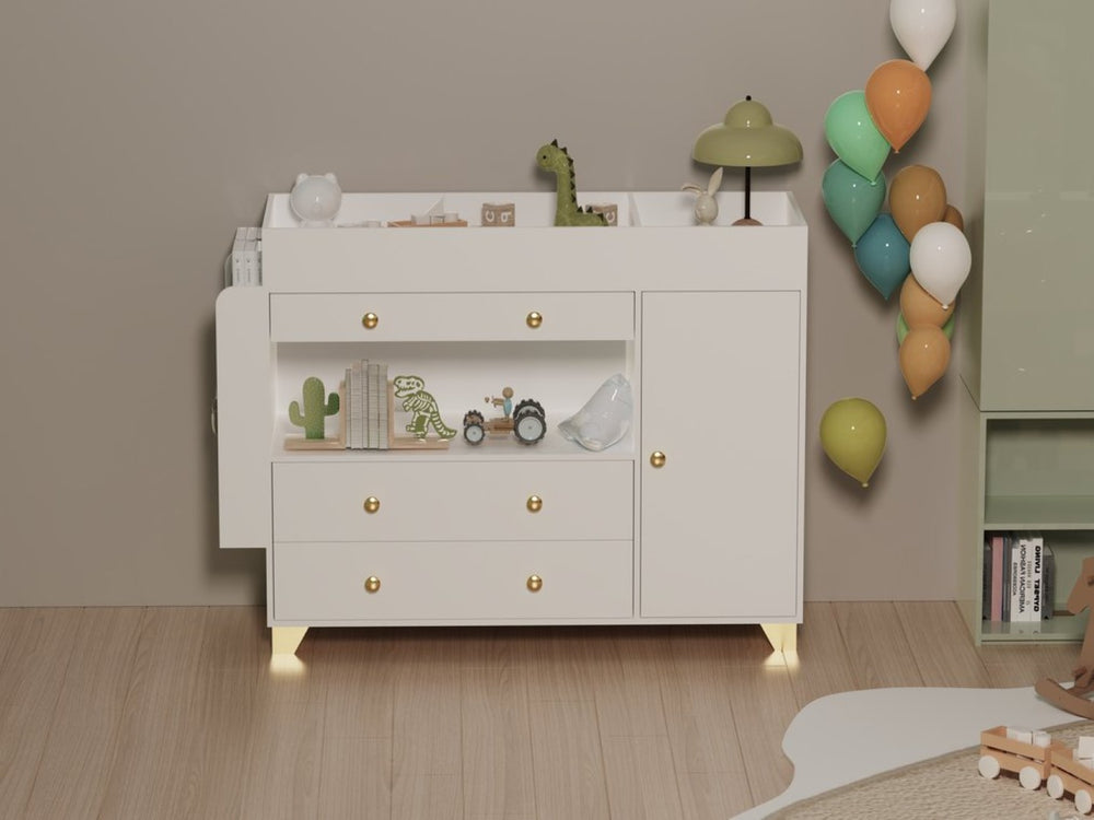 English Elm Changing Table Dresser with Three Drawers Wide Top Mdf Nursery Storage in White W3393P315819