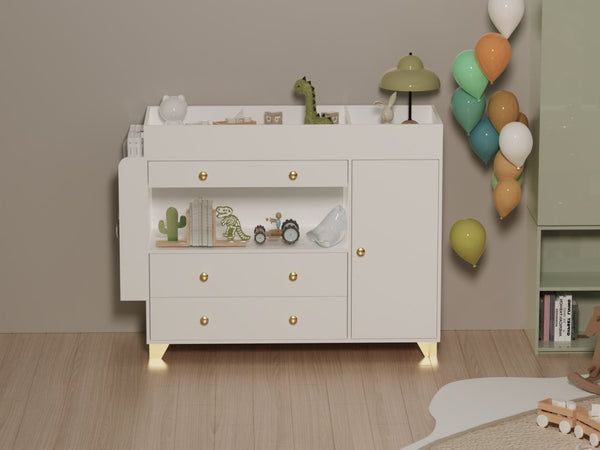 English Elm Changing Table Dresser with Three Drawers Wide Top Mdf Nursery Storage in White W3393P315819