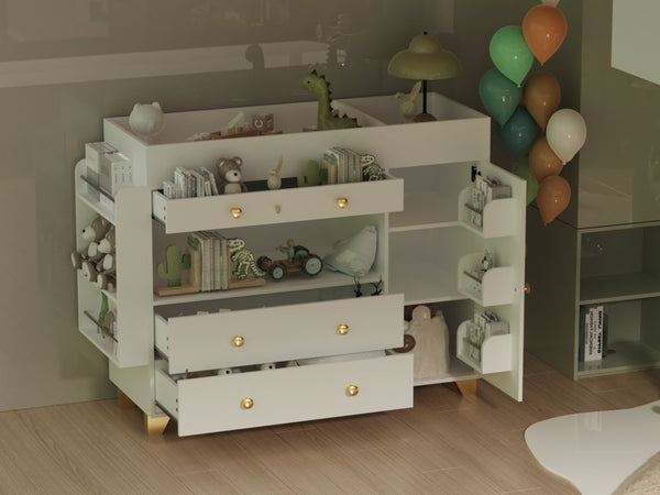 English Elm Changing Table Dresser with Three Drawers Wide Top Mdf Nursery Storage in White W3393P315819