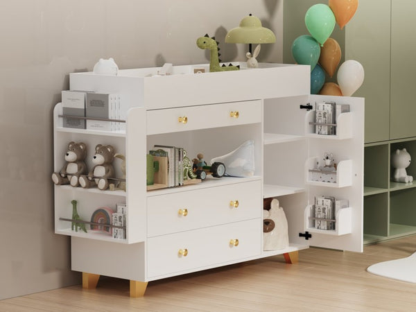 English Elm Changing Table Dresser with Three Drawers Wide Top Mdf Nursery Storage in White W3393P315819