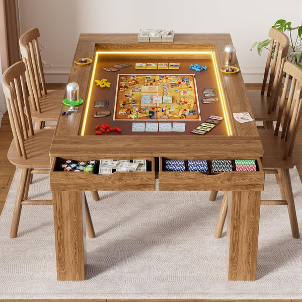 English Elm Gaming Table with Recessed Play Surface Led Lighting Drawers and Wood Grain Finish W3393P453908