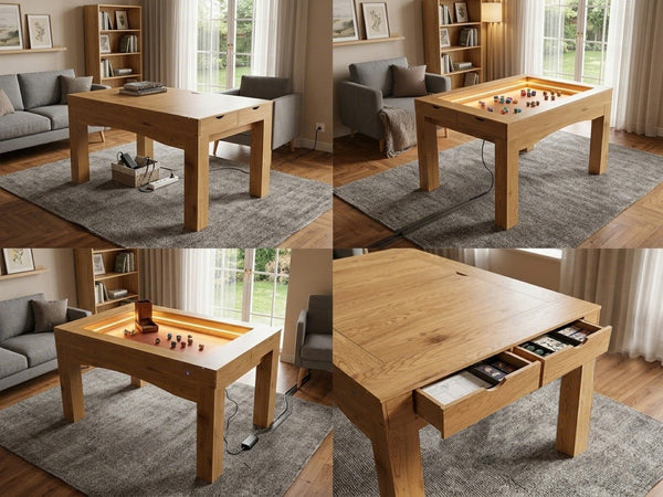 English Elm Gaming Table with Recessed Play Surface Led Lighting Drawers and Wood Grain Finish W3393P453908
