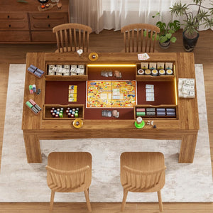 English Elm Gaming Table with Recessed Play Surface Led Lighting Drawers and Wood Grain Finish W3393P453908